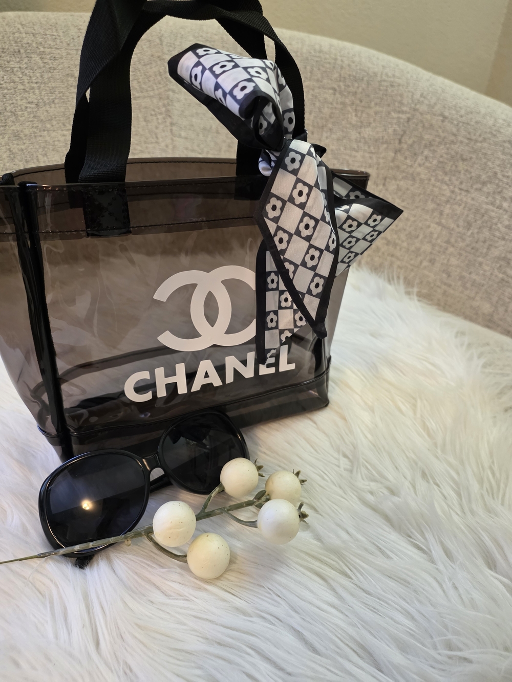 Clear Black Tote Bag with Signature Logo and Scarf Accent